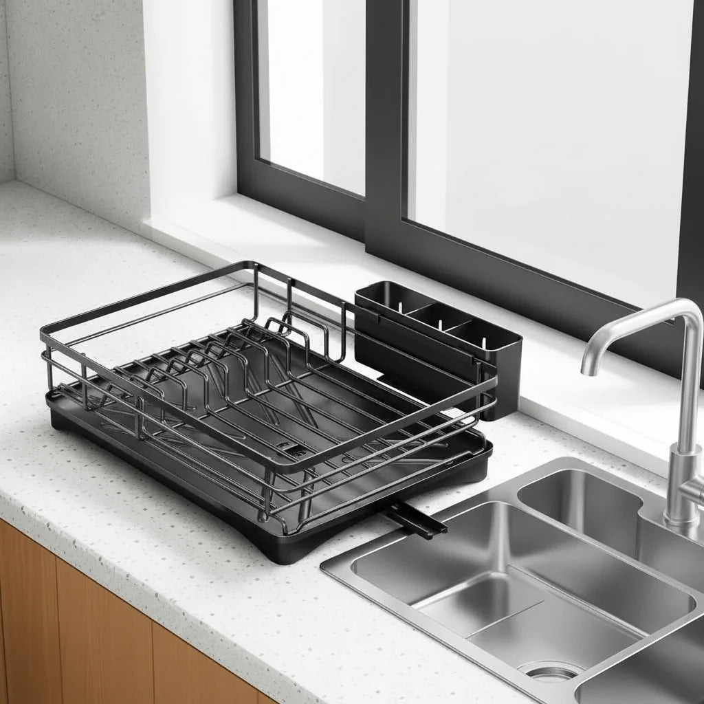 Dish Rack | Metal Draining Rack with Swivel Spout & Cutlery Holder
