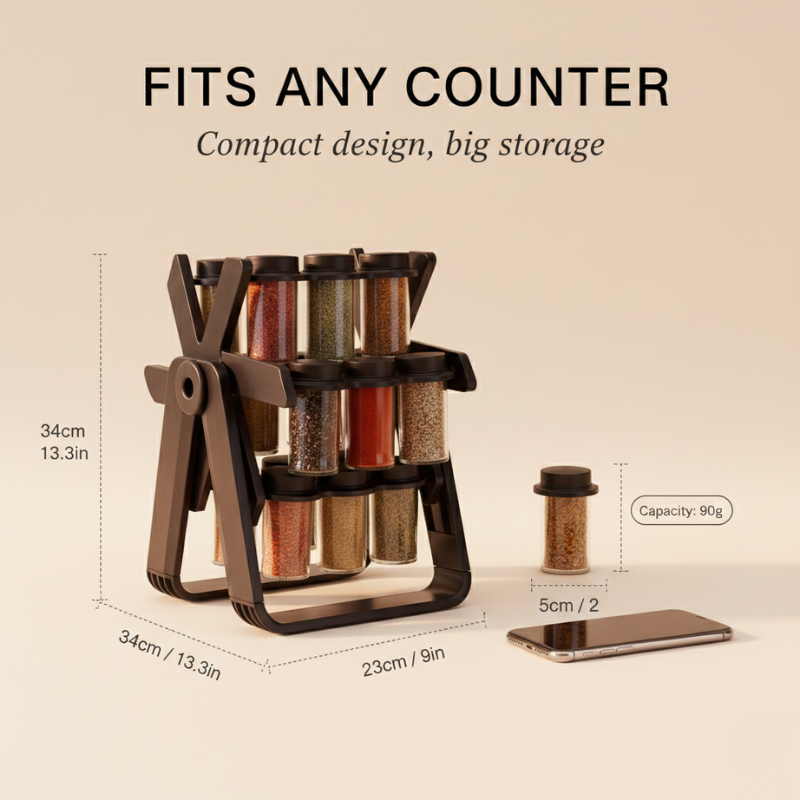 Rotating Spice Rack | SpiceGo Countertop Organizer with 18 Glass Jars