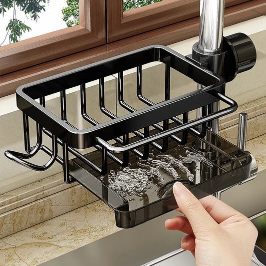 Aluminum Sink Organizer | Faucet-Mounted Caddy with Drainage Tray and Side Hooks