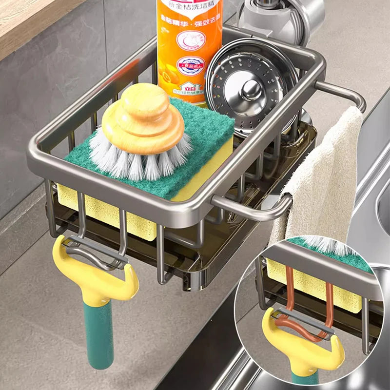 Aluminum Sink Organizer | Faucet-Mounted Caddy with Drainage Tray and Side Hooks