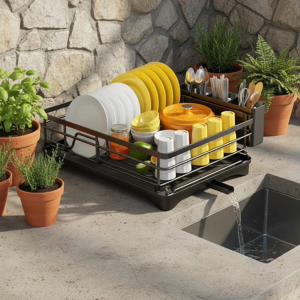 Dish Rack | Metal Draining Rack with Swivel Spout & Cutlery Holder
