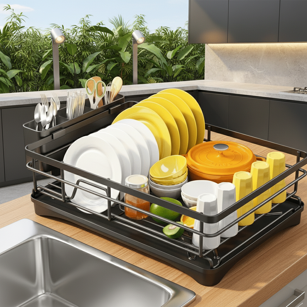 Dish Rack | Metal Draining Rack with Swivel Spout & Cutlery Holder
