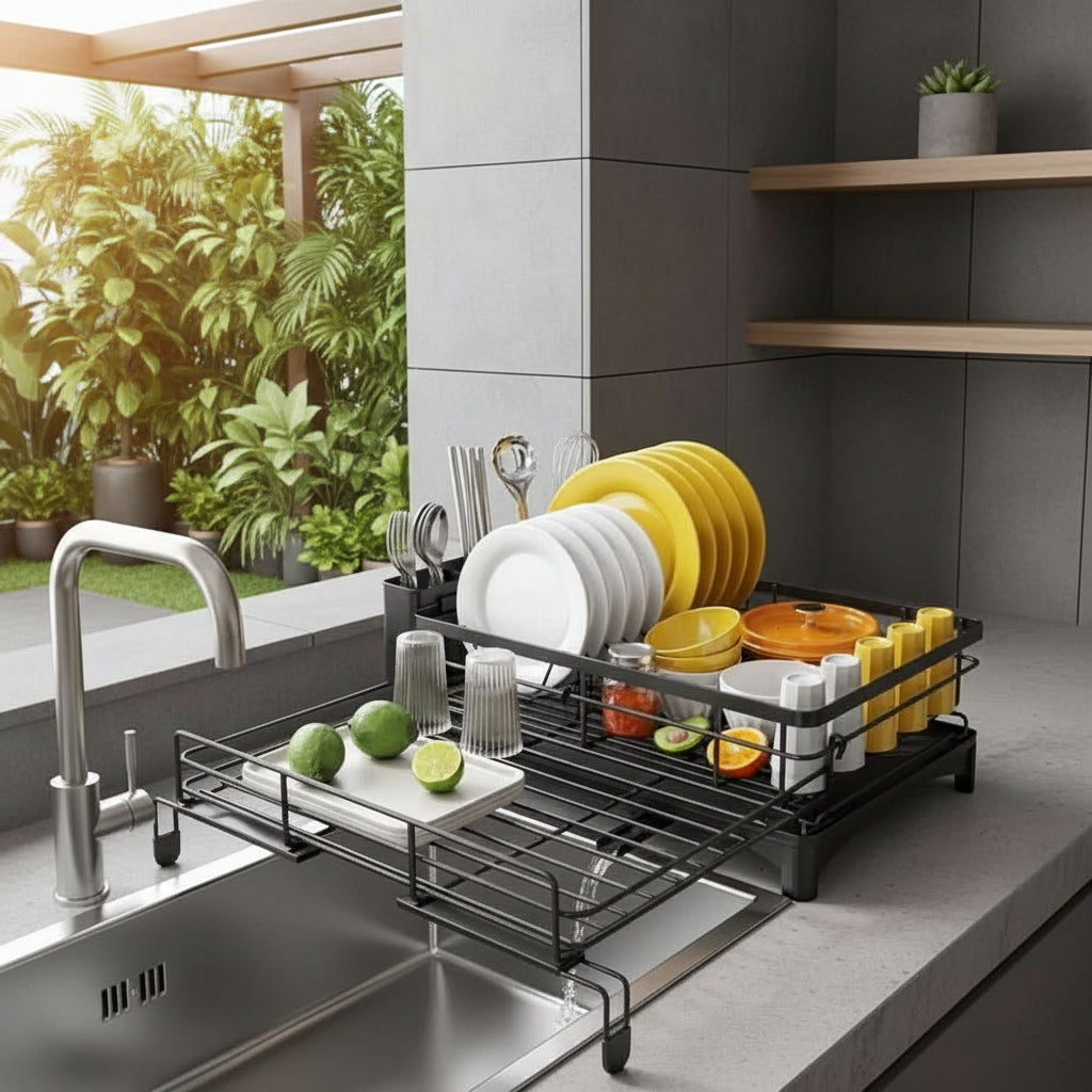 Dish Rack | Metal Draining Rack with Swivel Spout & Cutlery Holder