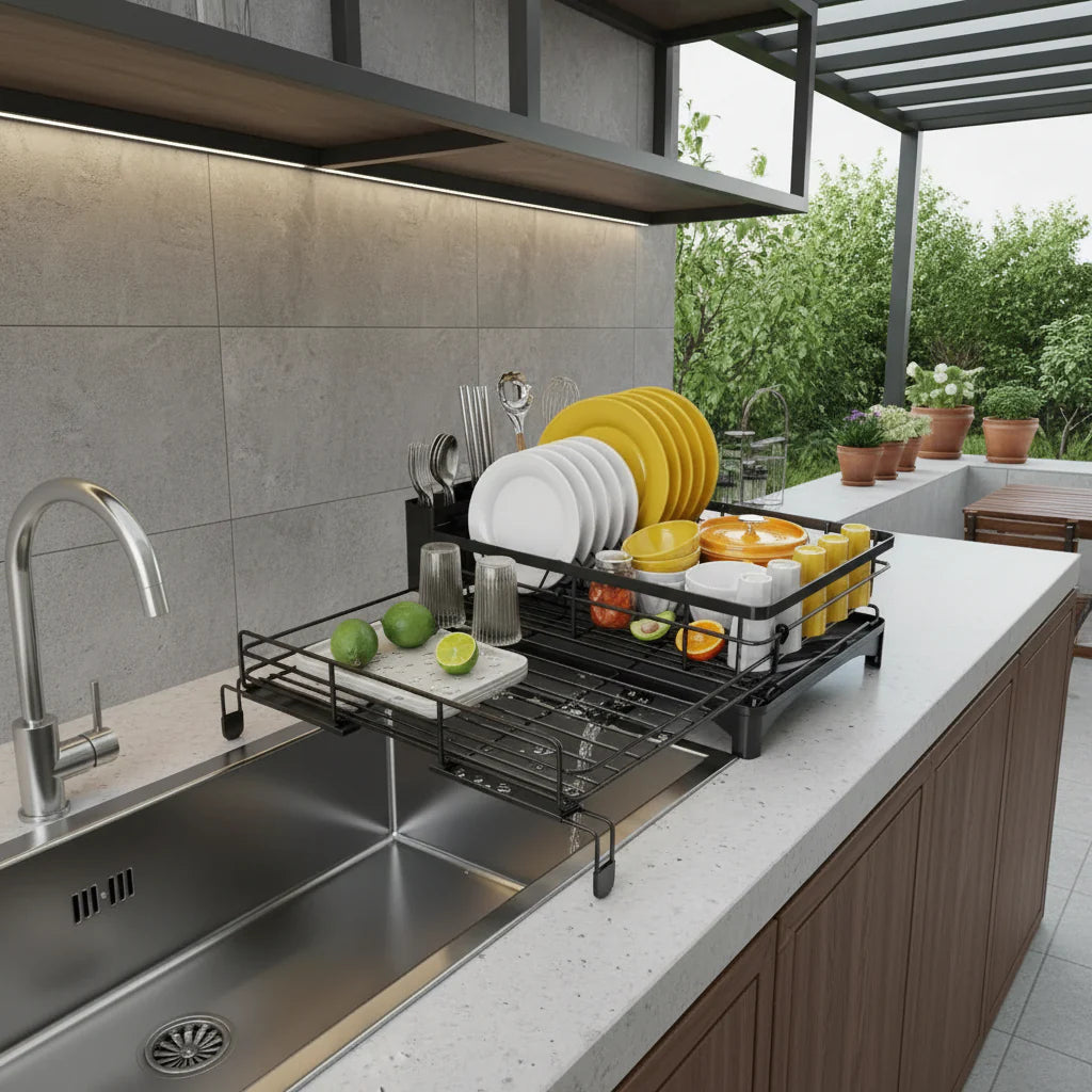 Dish Rack | Metal Draining Rack with Swivel Spout & Cutlery Holder