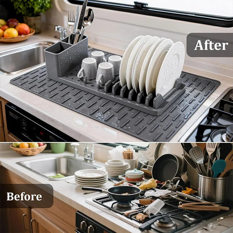 Dish Rack Set | Ribbed Drying Mat With Cutlery Caddy