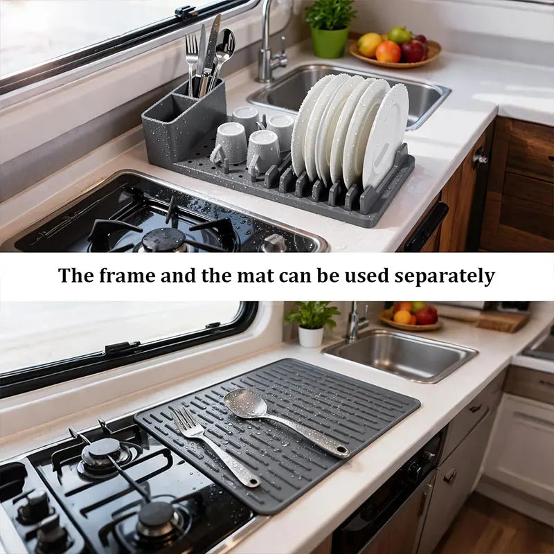 Dish Rack Set | Ribbed Drying Mat With Cutlery Caddy