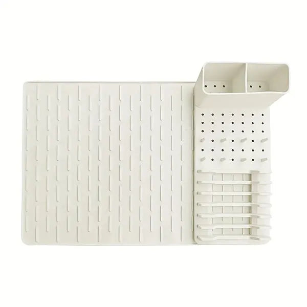Dish Rack Set | Ribbed Drying Mat With Cutlery Caddy