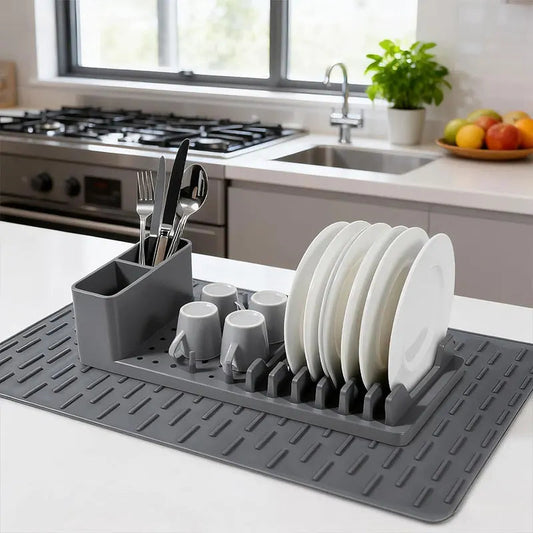 Dish Rack Set | Ribbed Drying Mat With Cutlery Caddy