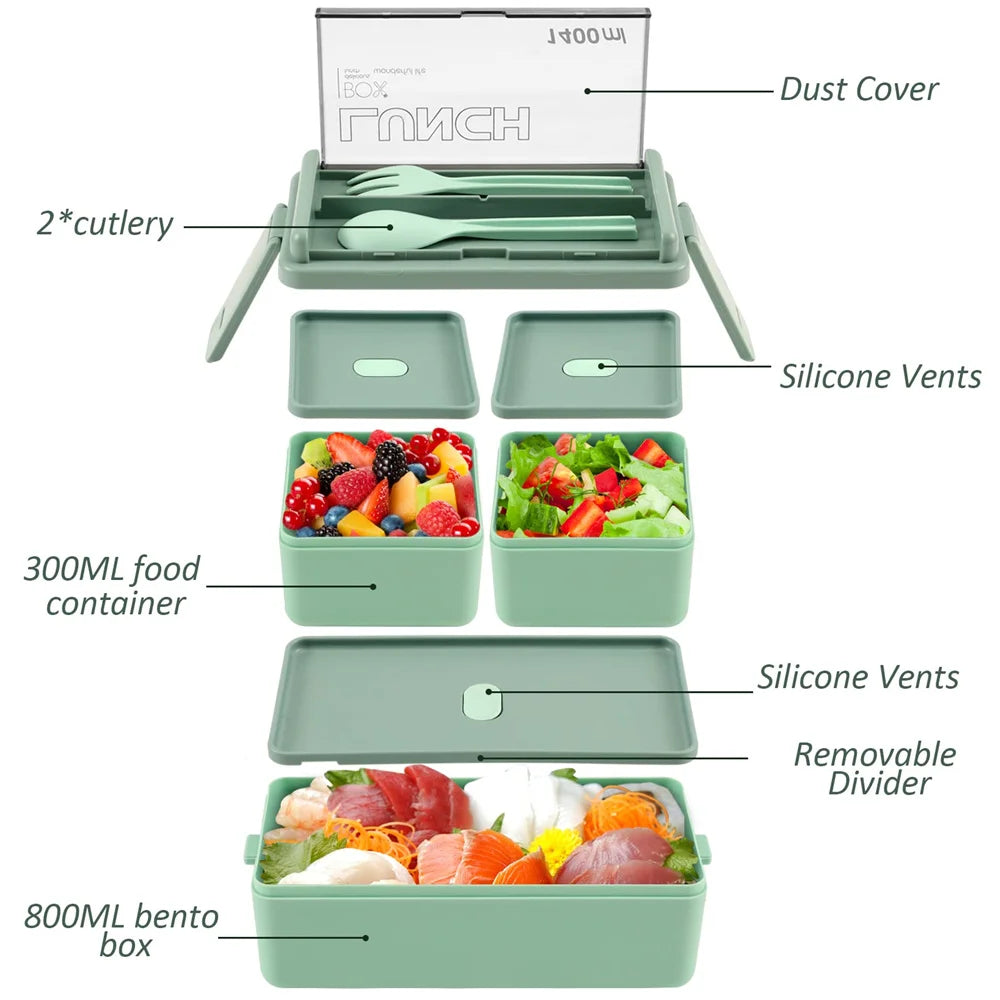 Double Layer Bento Box | 1400ml Portable Lunch Box with Fork & Spoon
