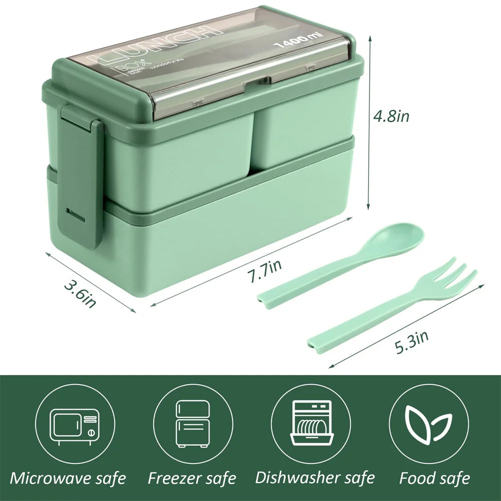 Double Layer Bento Box | 1400ml Portable Lunch Box with Fork & Spoon
