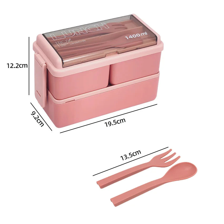 Double Layer Bento Box | 1400ml Portable Lunch Box with Fork & Spoon