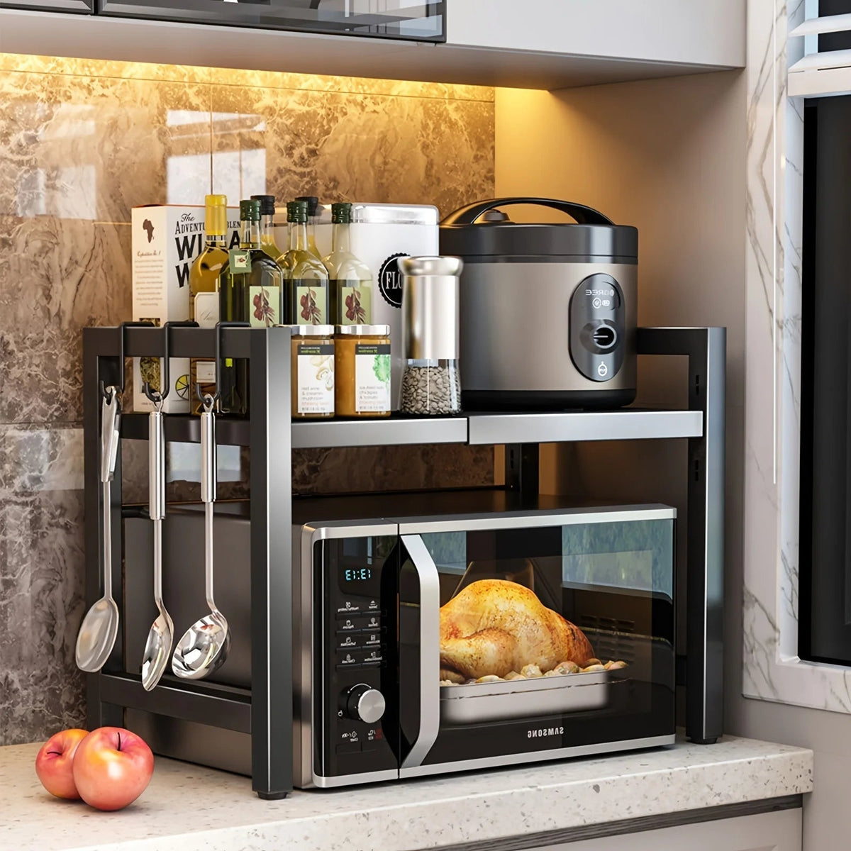 Expandable Microwave Oven Shelf | Six-Hook Storage Rack