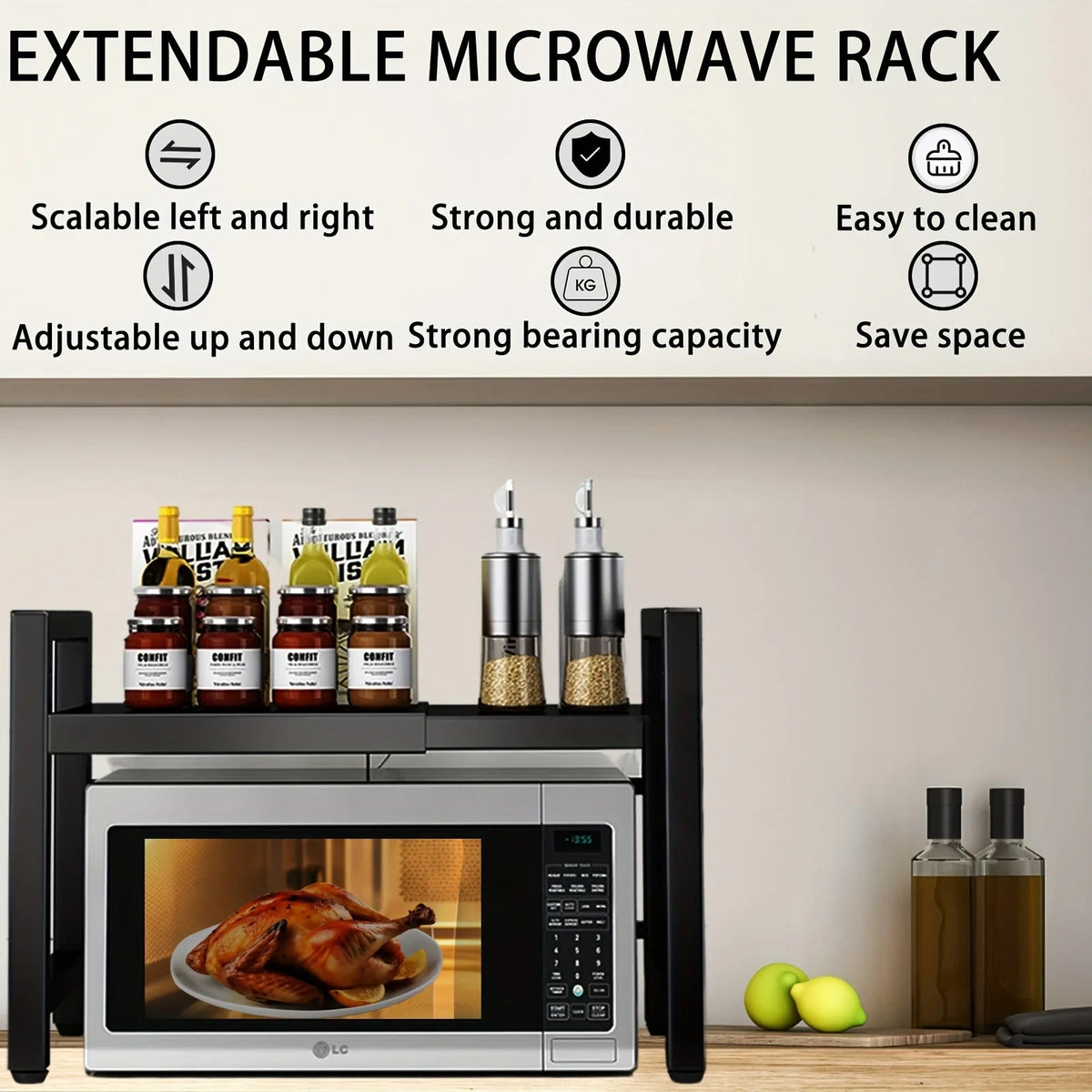Expandable Microwave Oven Shelf | Six-Hook Storage Rack