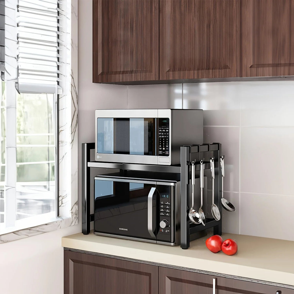 Expandable Microwave Oven Shelf | Six-Hook Storage Rack