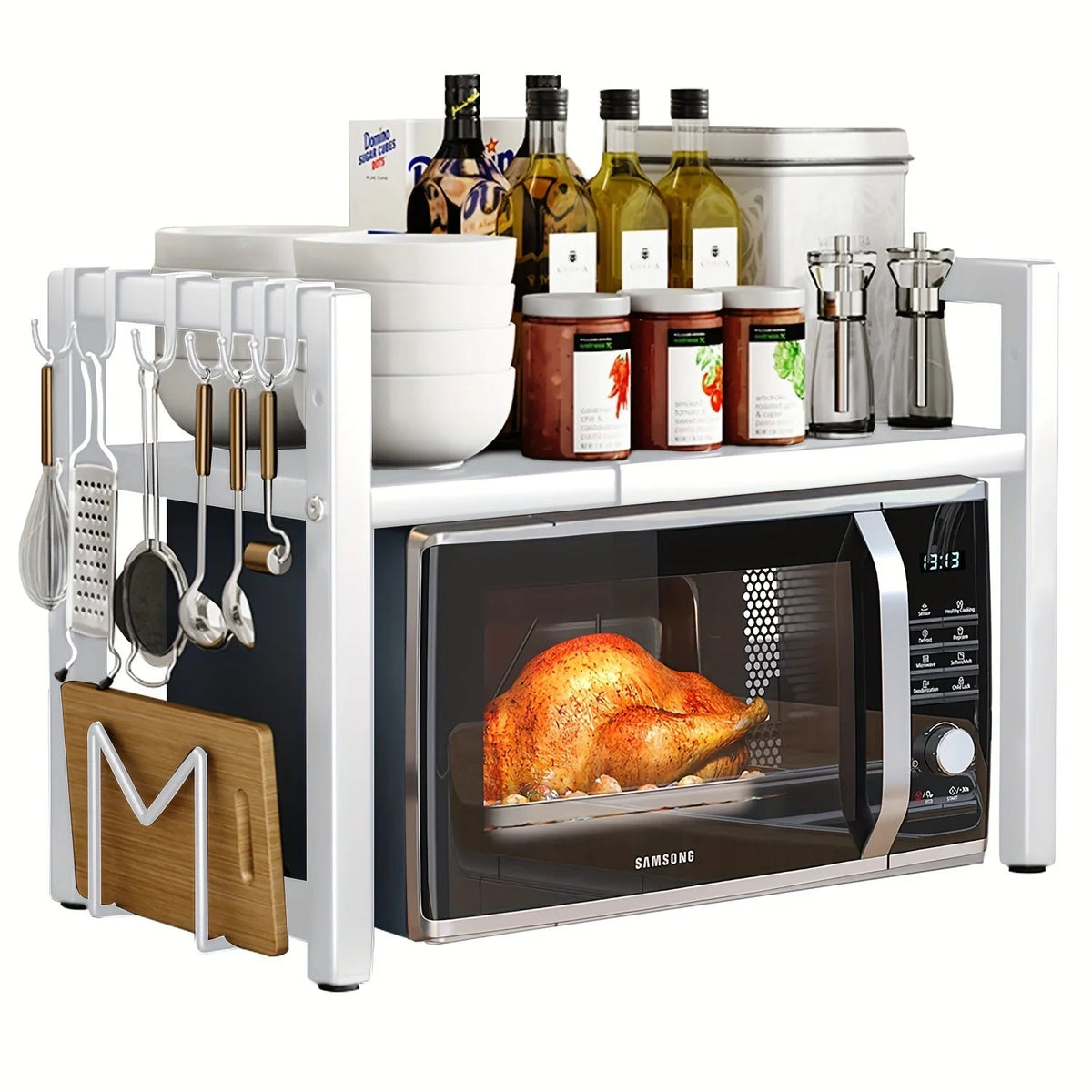 Expandable Microwave Oven Shelf | Six-Hook Storage Rack