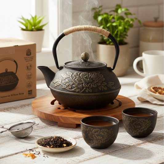 Japanese Teapot | Floral Relief Design, Wrapped Carry Handle