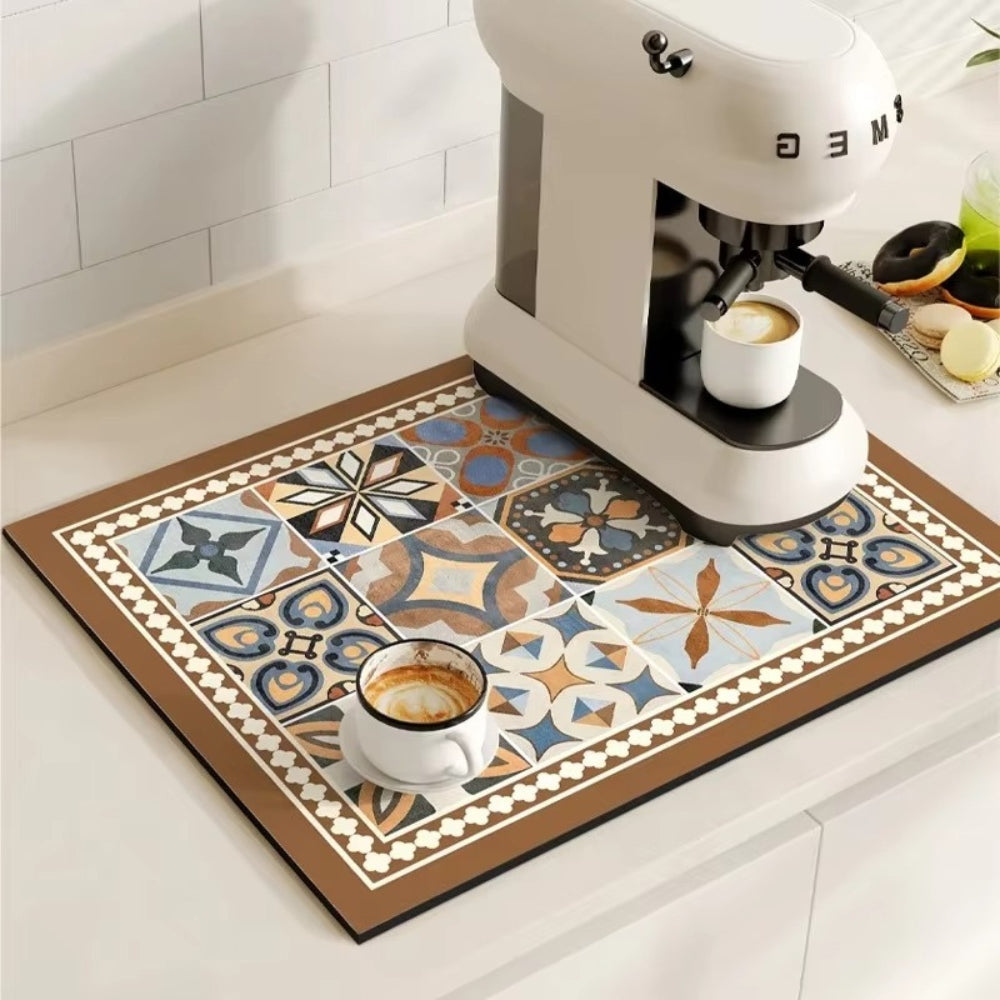 Kitchen Counter Mat | Retro Tile Print, Absorbent Surface