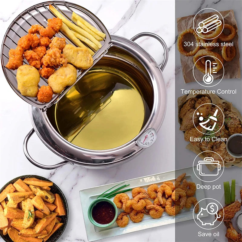 Master Fryer with Thermometer | Stainless Steel Tempura Deep Fry Pot