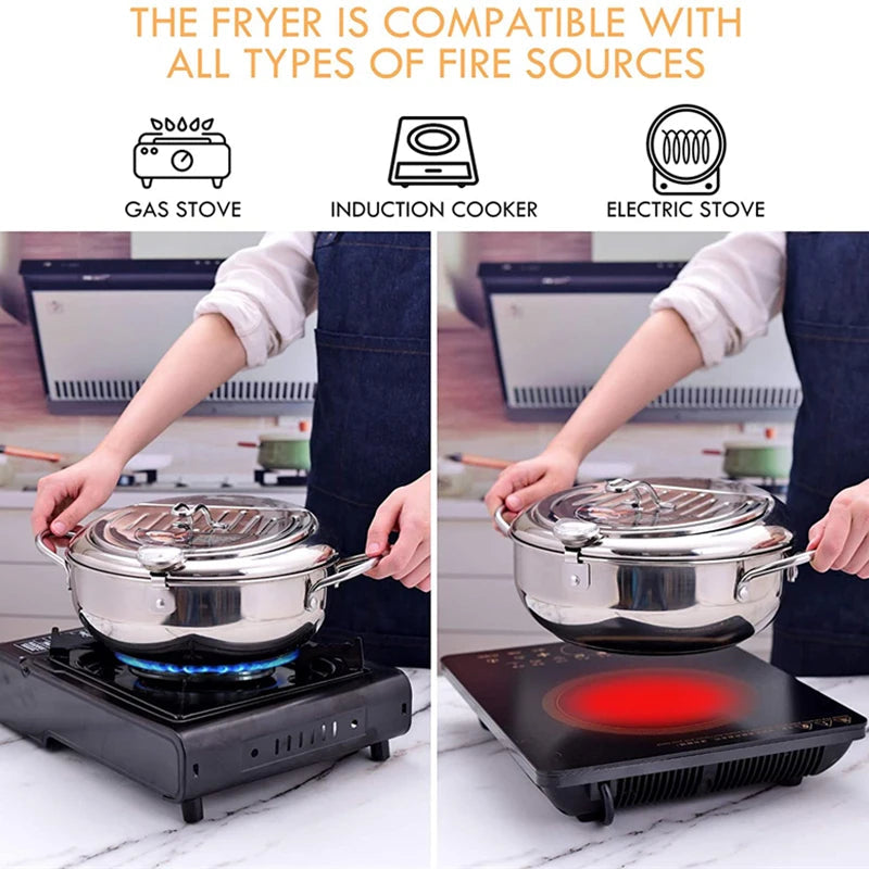 Master Fryer with Thermometer | Stainless Steel Tempura Deep Fry Pot