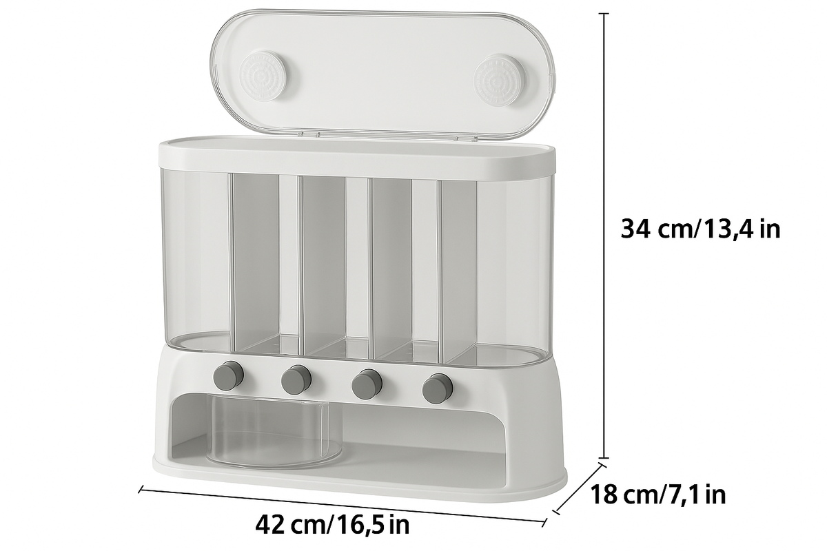 Multi-Compartment Kitchen Grain Storage Container | 5-Grid Dispenser with Push-Button