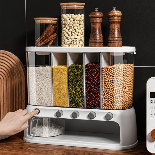 Multi-Compartment Kitchen Grain Storage Container | 5-Grid Dispenser with Push-Button